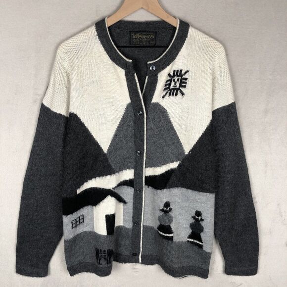 perez Sweaters - VTG PEREZ 100% Alpaca Cardigan Sz XL 42" Gray Motif PERU Long Sleeve Button NWOT